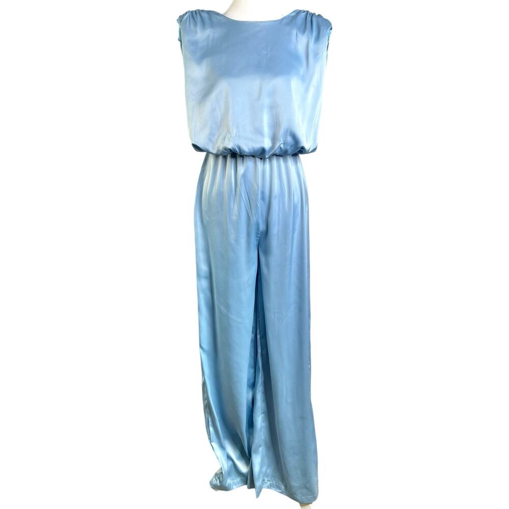 Nasty Gal Size 6 Light Blue Final Credits Satin Wide-Leg Jumpsuit NWT Open Back